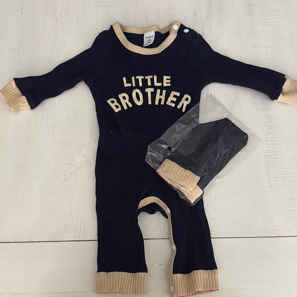 Little Brother Navy and Beige Baby Onesie
